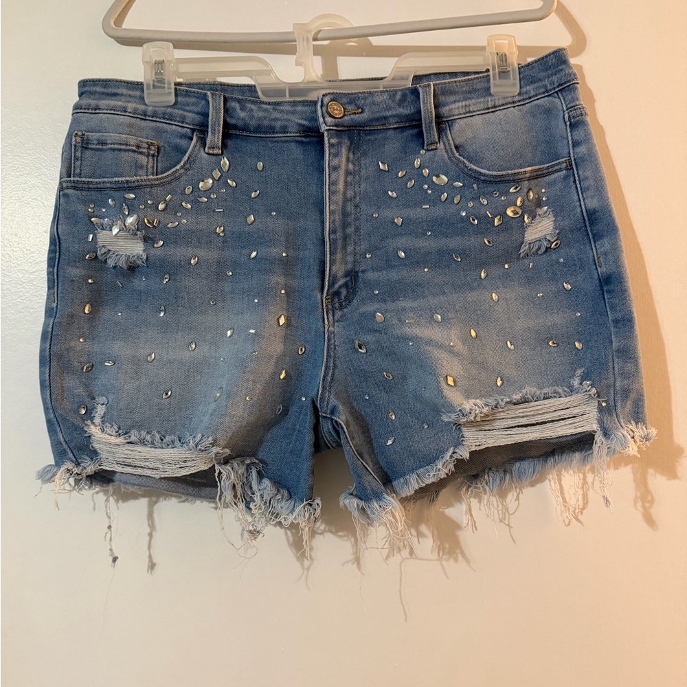 Distressed Blue Denim Shorts with Studded Rhinestone Accents